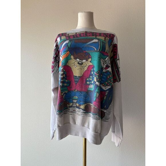 tultex 90s looney tunes all over print graphic crewneck pullover sweater - Picture 5 of 10